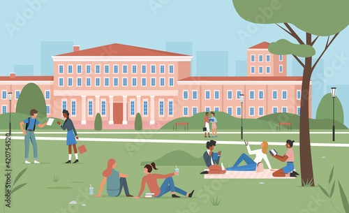 Education scene vector illustration. Cartoon young happy student characters sitting on summer park green grass together, girl boy teens studying near university or college building facade background