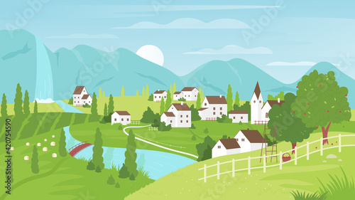 Rural mountain landscape and village vector illustration. Cartoon summer green farm land field with grazing sheep, apple garden, waterfall and river, road to farmer houses summertime background