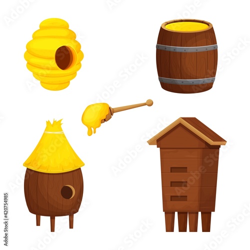 Apiary set, collection wooden beehive, honey dipper and barrel in cartoon style isolated on white background. Beekeeping elements, decoration, elements.