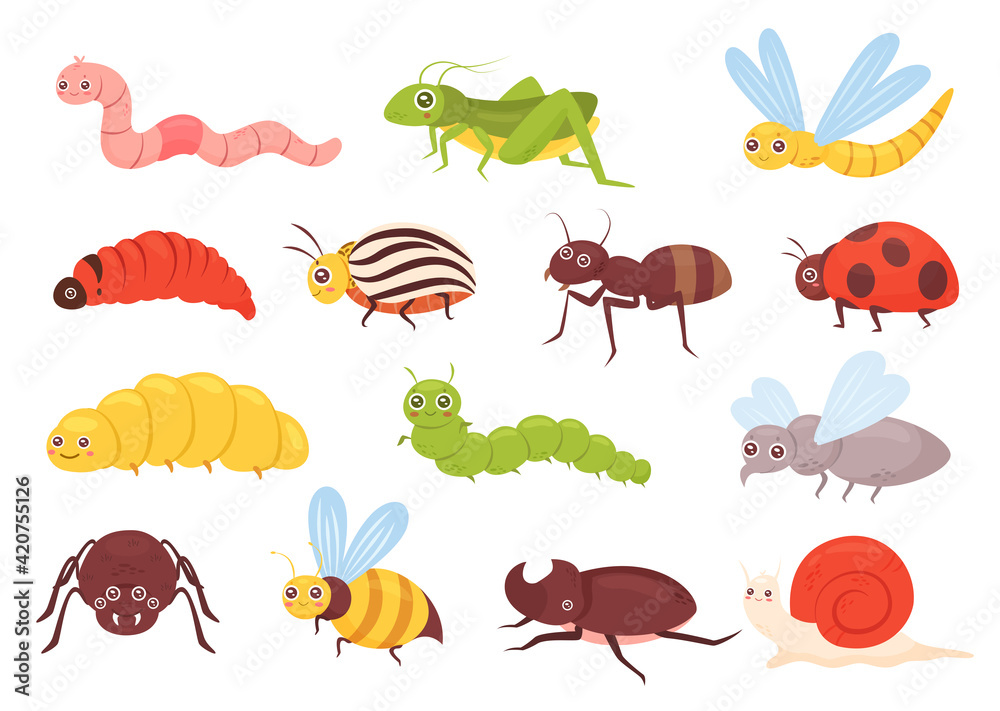 Cute insects vector illustration set. Cartoon colorful funny insect  characters for childish kids collection with grasshopper ant bug dragonfly  worm spider fly ladybug bee beetle isolated on white Stock Vector | Adobe