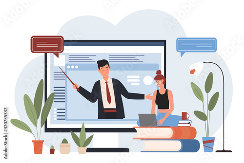 Webinar and online education course online vector illustration. Cartoon man teacher or professor character training teaching, girl student sitting on books stack with laptop to study isolated on white
