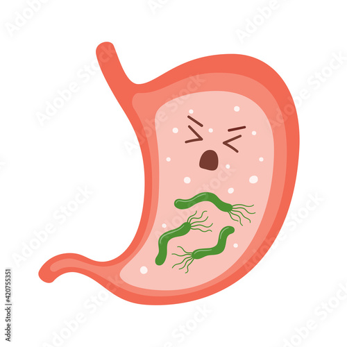 Helicobacter Pylori in the stomach. Sick stomach character. Bacterium with flagella that causes gastritis. Isolated vector illustration on white background
