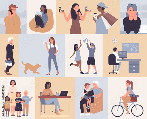People at freelance work study or rest vector illustration set. Cartoon happy man communicating by phone, businessman walking, scientist working, woman reading cycling and playing with dog background © Flash concept