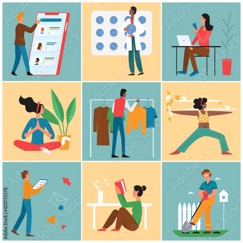 People in work, freelance online or communication vector illustration set. Cartoon young man working with smartphone or in garden, doctor holding pills, woman meditating, girl reading book background