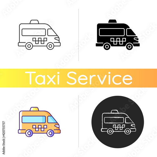 Shuttle buses icon. Convenient means of transportation around the city. Travel by company. Alternative city transport. Linear black and RGB color styles. Isolated vector illustrations