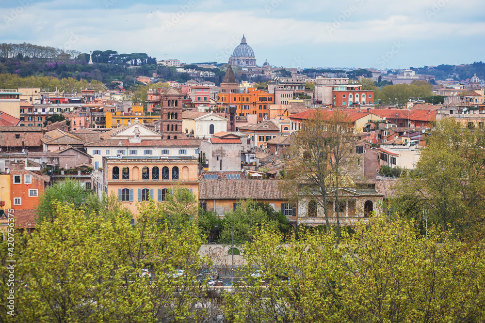 Fototapeta premium Rome panorama, Lazio, Italy, beautiful panoramic vibrant summer wide view of Roma and Vatican, with cathedrals, cityscape and scenery beyond the city, seen from observation deck
