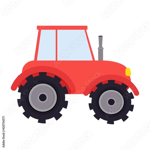 Red farm tractor in cartoon style isolated on white background. Agriculture equipment, country machinery. Childish vehicle, cute, simple.