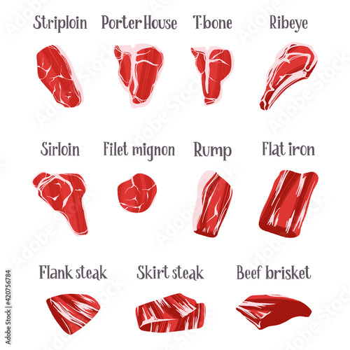Steak types set. Beef cuts. Filet Mignon, Porterhouse, T-bone, Striploin, Rib Eye and over.