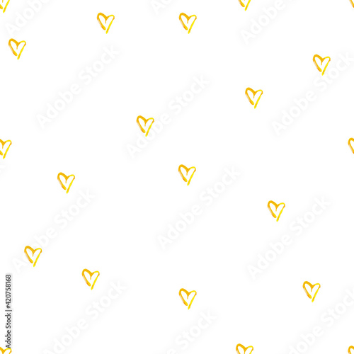 Small yellow hearts are isolated on a white background. Seamless pattern for design. Watercolor lovely drawing. Handwork. Children's pictures.