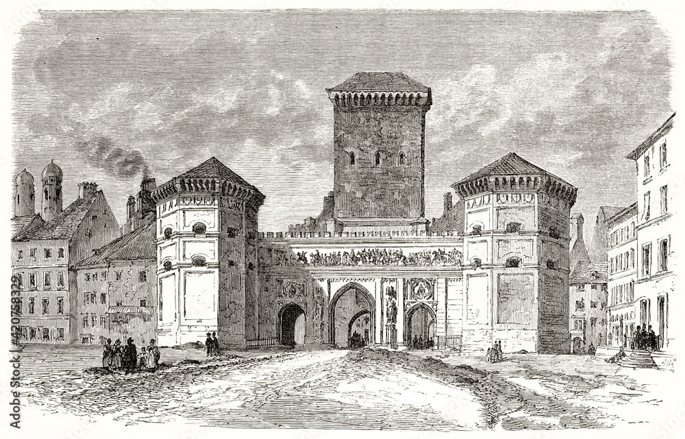 huge monument of Isartor, the oldest gate to enter in Munich, Germany. Ancient grey tone etching style art by Dore, Le Tour du Monde, 1862
