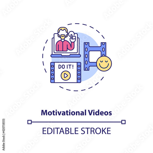 Motivational videos concept icon. Inspirational videotape idea thin line illustration. Inspiring actions and emotions. Webinar. Vector isolated outline RGB color drawing. Editable stroke