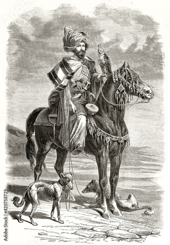 Kurdish falconer. Posing horseback with his equipment and fast slim hunting dogs on a flatland. Grey tone etching style art by Duhousset, Le Tour du Monde, 1862 photo