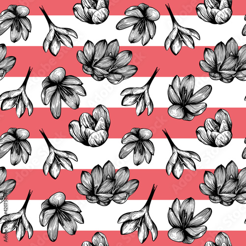 Saffron seamless pattern . Crocus flower pattern. Hand-drawn vector illustration