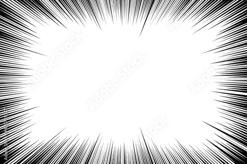 Cartoon line. Comic lines. Concentrated emphasis. Speed effect. Anime focus isolated on white background. Radial pattern. Accent attention. Action radiation. Bg material. Monochrome texture. Vector
