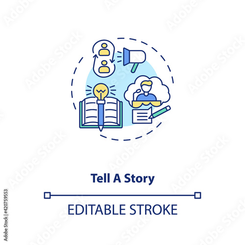 Fototapeta Naklejka Na Ścianę i Meble -  Tell story concept icon. Leader speaking motivational information idea thin line illustration. Coaching talking to audience. Vector isolated outline RGB color drawing. Editable stroke