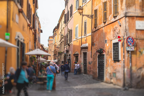 Trastevere district, Rome, Italy, view of rione Trastevere, Roma, with historical narrow streets, Municipio I, west bank of Tiber in Rome, Lazio, Italy, cozy streets with restaurants and architecture