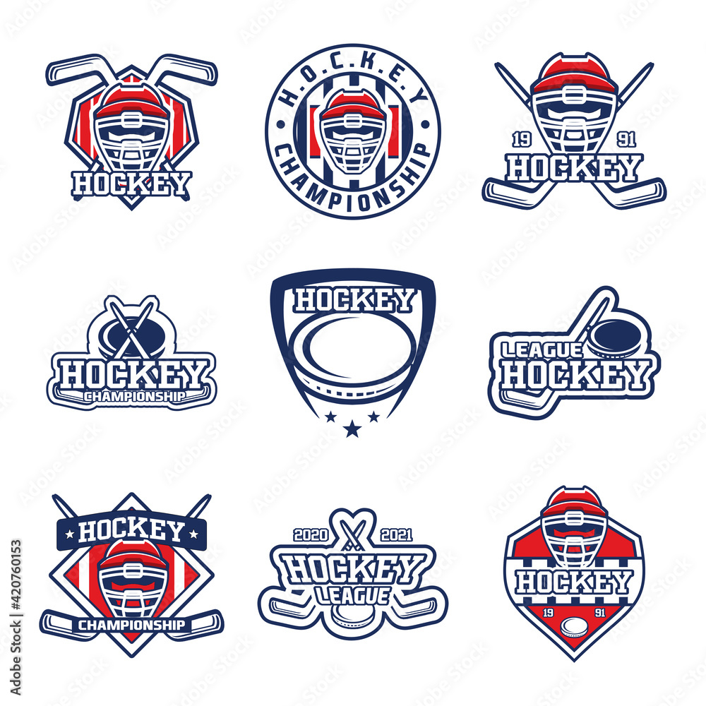 Naklejka premium Set of Hockey club emblem. Hockey badge logo, Hockey team game club elements, Vector Logo Illustration Fit to championship or team