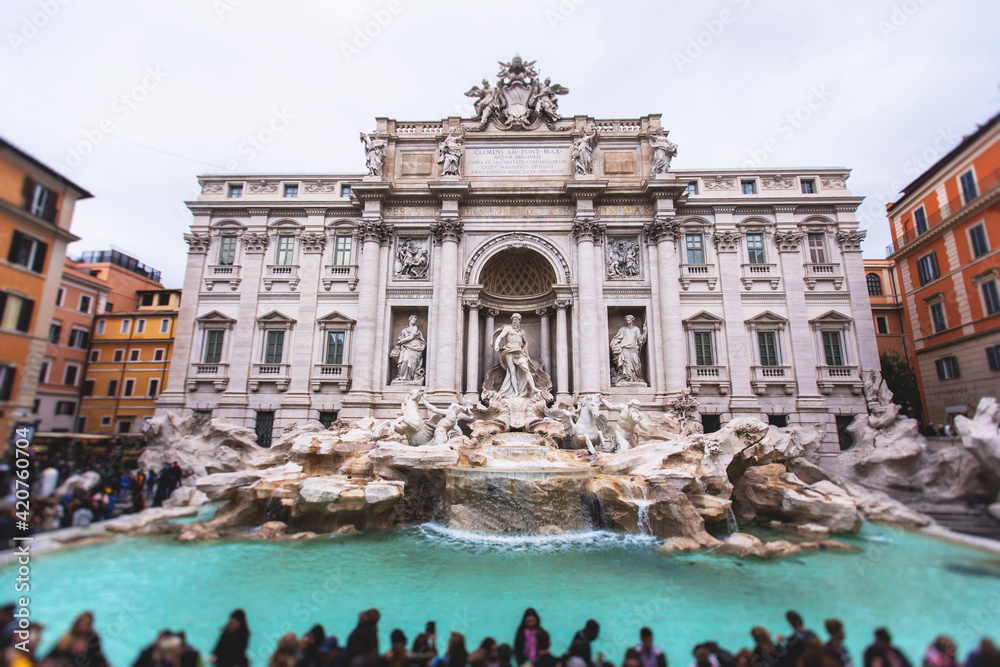 The Trevi Fountain (in Italian: Fontana di Trevi), a fountain in the Trevi district in Rome, Italy, Baroque fountain, with a crowd of tourists around