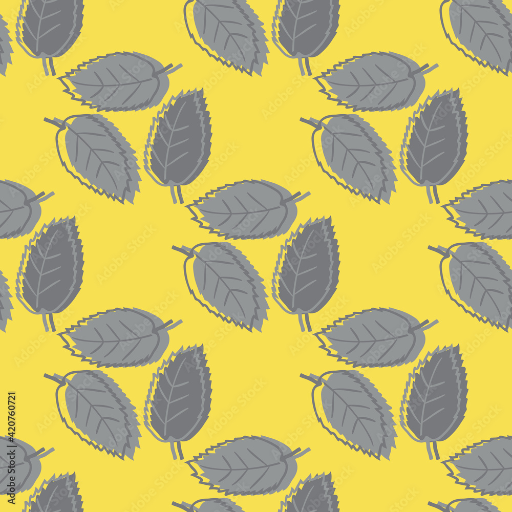 Elm leaf seamless vector pattern background. Backdrop of groups of hand drawn yellow grey leaves with offset silhouette color. Geometric botanical foliage design. All over print for nature, wellbeing
