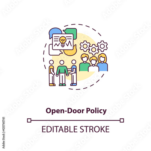 Open-door policy concept icon. Opportunity of choosing idea for projects idea thin line illustration. Speaker of conference. Vector isolated outline RGB color drawing. Editable stroke