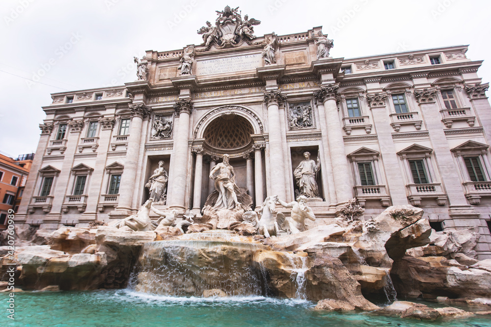 The Trevi Fountain (in Italian: Fontana di Trevi), a fountain in the Trevi district in Rome, Italy, Baroque fountain, with a crowd of tourists around