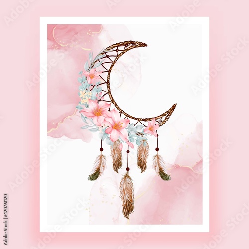 Watercolor dream catcher flower pink peach feather