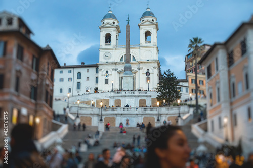 The Spanish Steps (Italian: Scalinata di Trinita dei Monti) a set of steps in Rome, Italy, with Piazza di Spagna, Piazza Trinità dei Monti and Trinita dei Monti church, Lazio, Italia