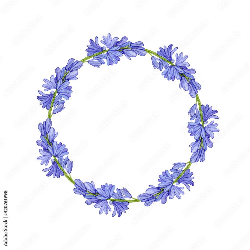 Wreath with blue watercolor hyacinth flowers. Hand-drawn template for postcards, flyers, posters and more. Bright blue spring flowers. Wreath with blue watercolor hyacinth flowers. Hand-drawn template for postcards, flyers, posters and more. Bright blue spring flowers.