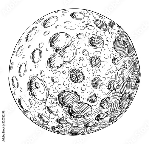 Planet or Planetary Moon Full of Impact Craters.Hand Drawing and Illustration