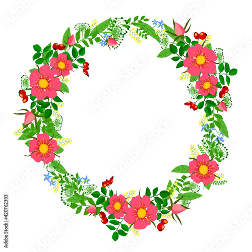 Beautiful spring floral wreath with rosehip.Flat lay.Copy space