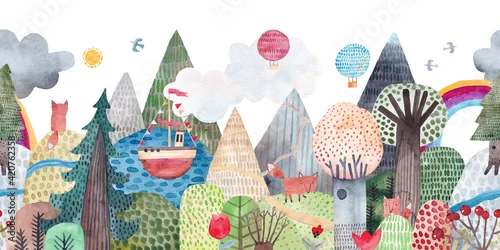 Obraz Delikatny krajobraz z jeziorem, drzewami i górami.