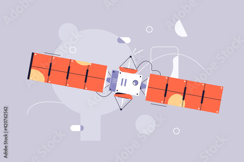 Satellite fly in space vector illustration. Space station flat style. Artificial satellite orbiting planet earth in outer space. Communication, navigation concept. Isolated on grey background