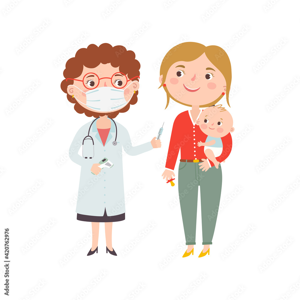 Mom brought a child for vaccination. Vector illustration. Isolated