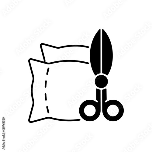 Household items and alterations black linear icon. Upholstery production. Work with textile. Clothing alteration and repair services. Outline symbol on white space. Vector isolated illustration