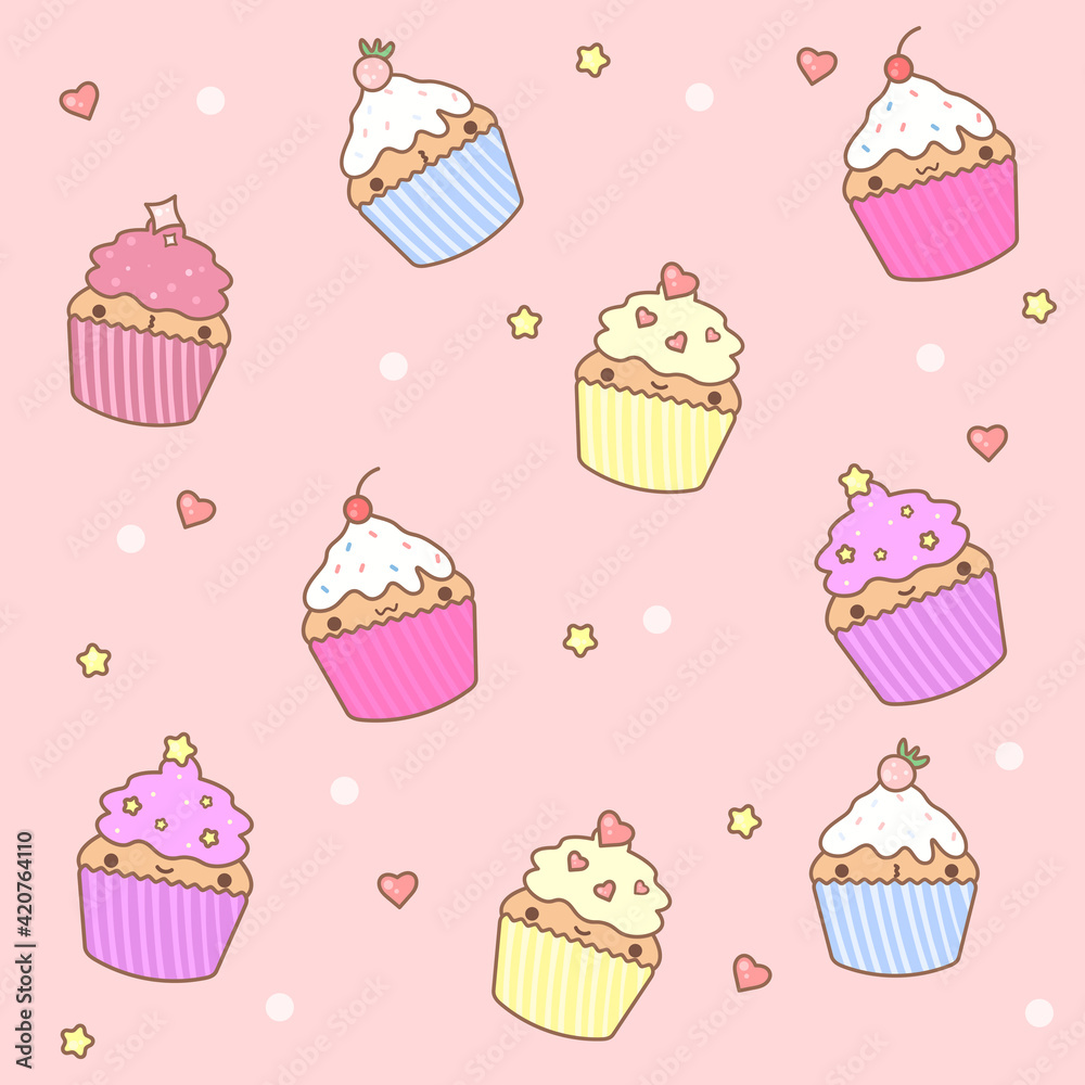 Cute pattern with sweet cupcakes on a pink background Cute pattern with sweet cupcakes on a pink background