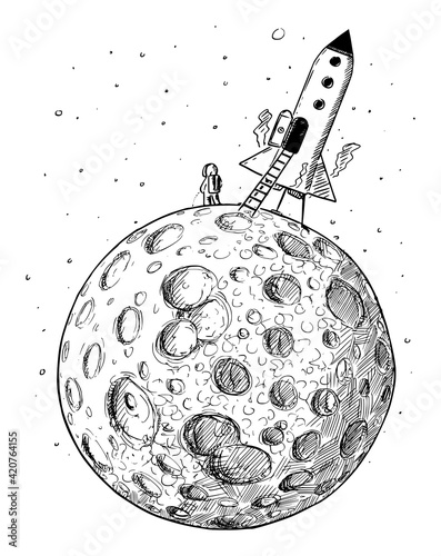 Astronaut From Space Rocket Urinating on Planetary Moon. Hand Drawing and Illustration