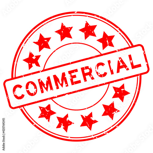 Grunge red commercial word with star icon rubber seal stamp on white background