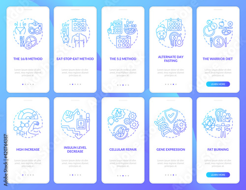 Intermittent fasting blue onboarding mobile app page screen with concepts set. Healthy eating. Diet walkthrough 5 steps graphic instructions. UI vector template with RGB color illustrations