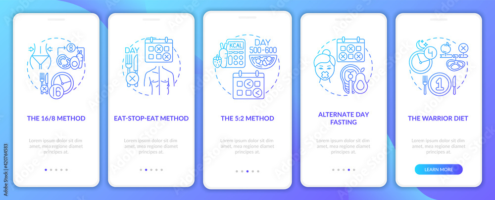 Intermittent fasting methods blue onboarding mobile app page screen with concepts. 16-8 or 5-2 method. Diet walkthrough 5 steps graphic instructions. UI vector template with RGB color illustrations