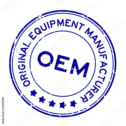 Grunge blue OEM (Abbreviation of Original Equipment Manufacturer) word round rubber seal stamp on white background
