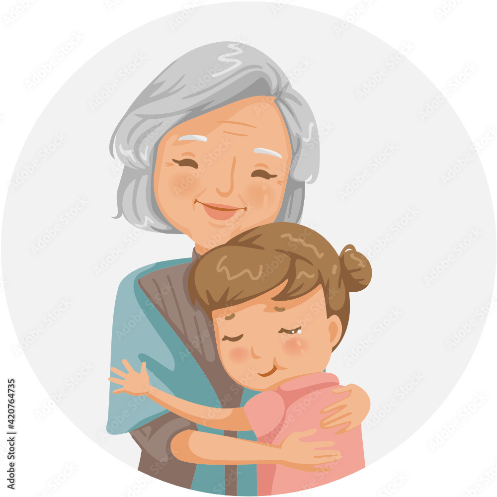 Granny and niece are hugging each other. Grandmother and granddaughter smiling happy. Family relationship seniors and their children's Illustration for grandma and the elderly day. Granny and niece are hugging each other. Grandmother and granddaughter smiling happy. Family relationship seniors and their children's Illustration for grandma and the elderly day.