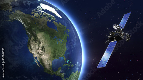 Fototapeta Naklejka Na Ścianę i Meble -  Realistic Earth with telecommunication satellite. Beautiful Earth with North America map. 3D Rendering.