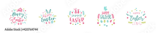 Cute Easter design, creative typography and lovely decoration, hand drawn Easter eggs, doodle flowers and decoration - great for banners, cards, wallpaper, invitations - vector design