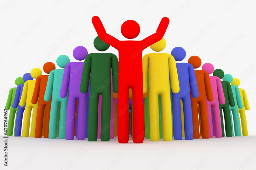 Leader. 3d character in front of his team. Teamwork success. 3D rendered illustration.