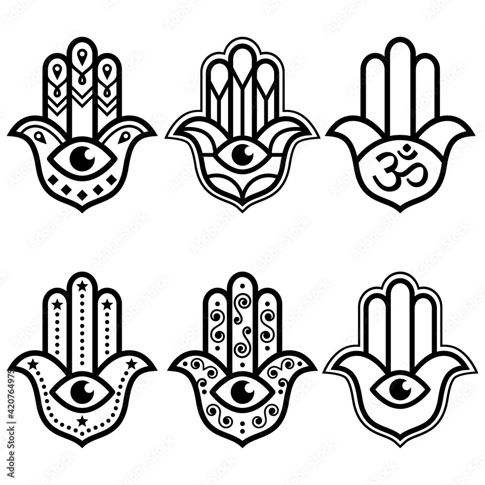 Hamsa hand with evil eye simple minimalist geometric design set - symbol of protection, spirituality
 - obrazy, fototapety, plakaty 