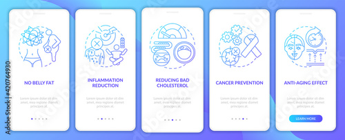 Intermittent fasting benefits blue onboarding mobile app page screen with concepts. Healthy diet walkthrough 5 steps graphic instructions. UI vector template with RGB color illustrations