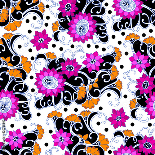 Seamless bohemian floral pattern with fantasy stylized flowers. Colorful print hand drawn elements. Vector outline illustration.