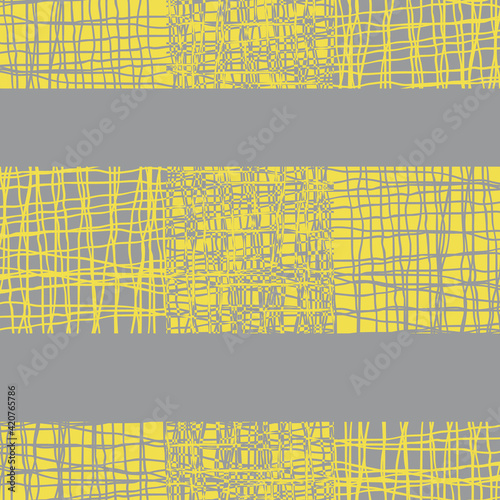 Irregular vector gauze weave effect striped seamless pattern background. Yellow grey backdrop of alternating woven horizontal wide stripes with spliced edges. Modern abstract Hessian fibre repeat