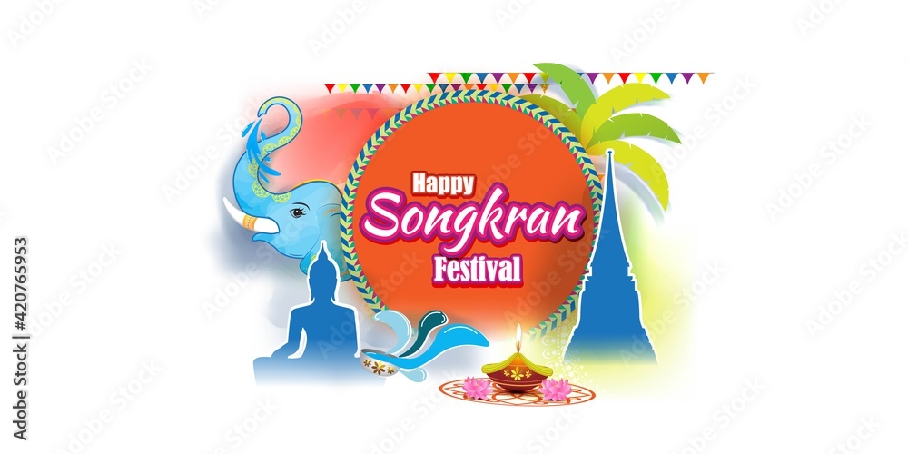VECTOR ILLUSTRATION FOR HAPPY SONGKRAN, THAILAND FESTIVAL WITH TEXT SONGKRAN MEANS NEW YEAR VECTOR ILLUSTRATION FOR HAPPY SONGKRAN, THAILAND FESTIVAL WITH TEXT SONGKRAN MEANS NEW YEAR