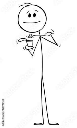 Man Eating Pudding or Yogurt , Vector Cartoon Stick Figure Illustration